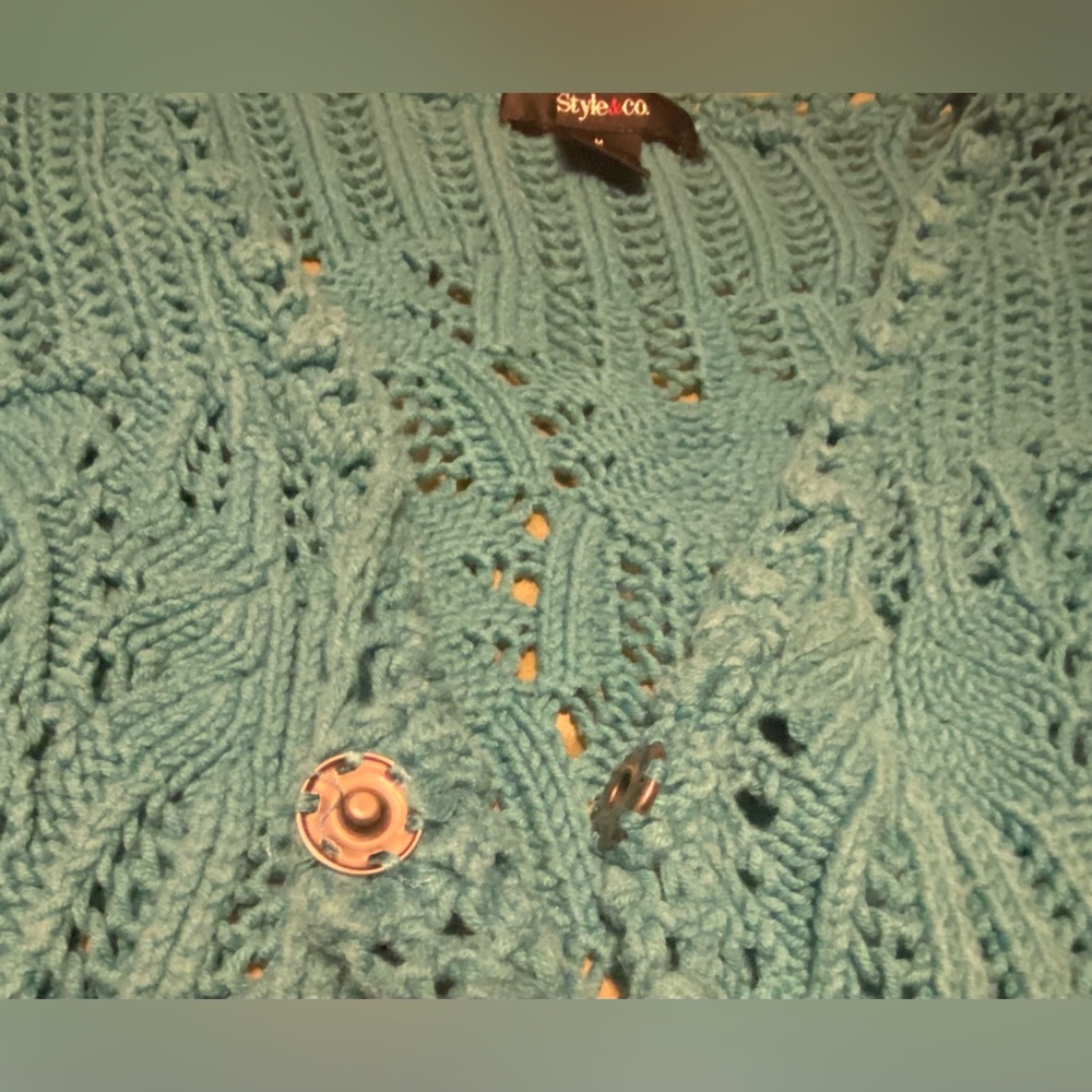 Women’s Style & Co. Dress Knit Cotton Sweater Blue Turquoise Medium snap Buttons - Picture 12 of 12